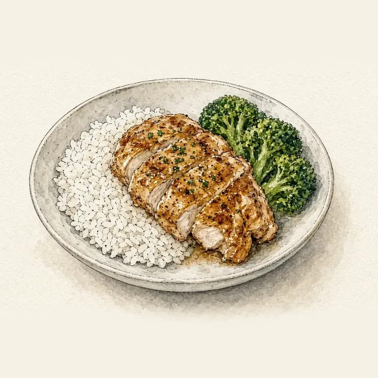 Baked chicken, rice, and broccoli
