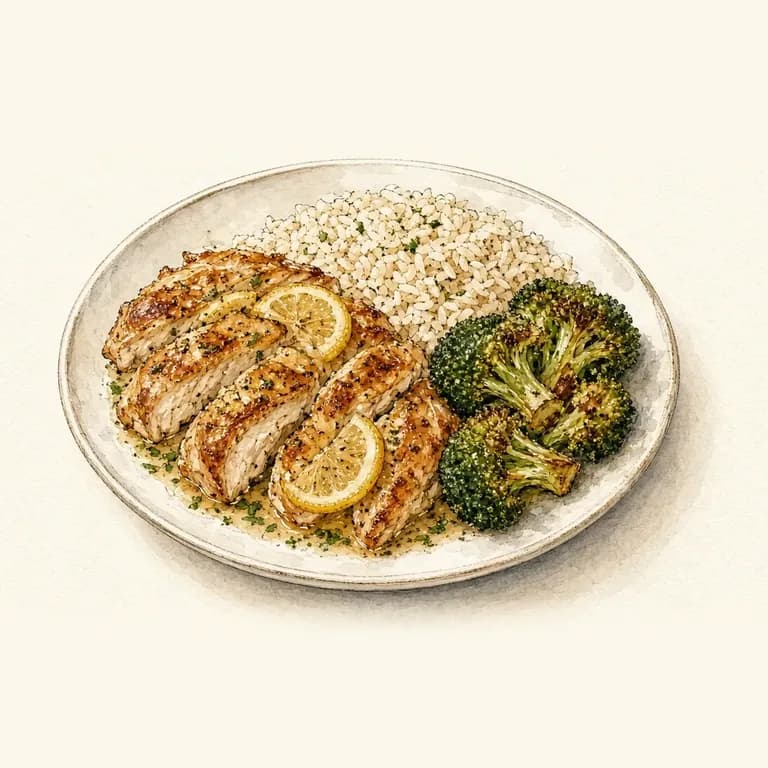 Garlic-lemon chicken with broth rice