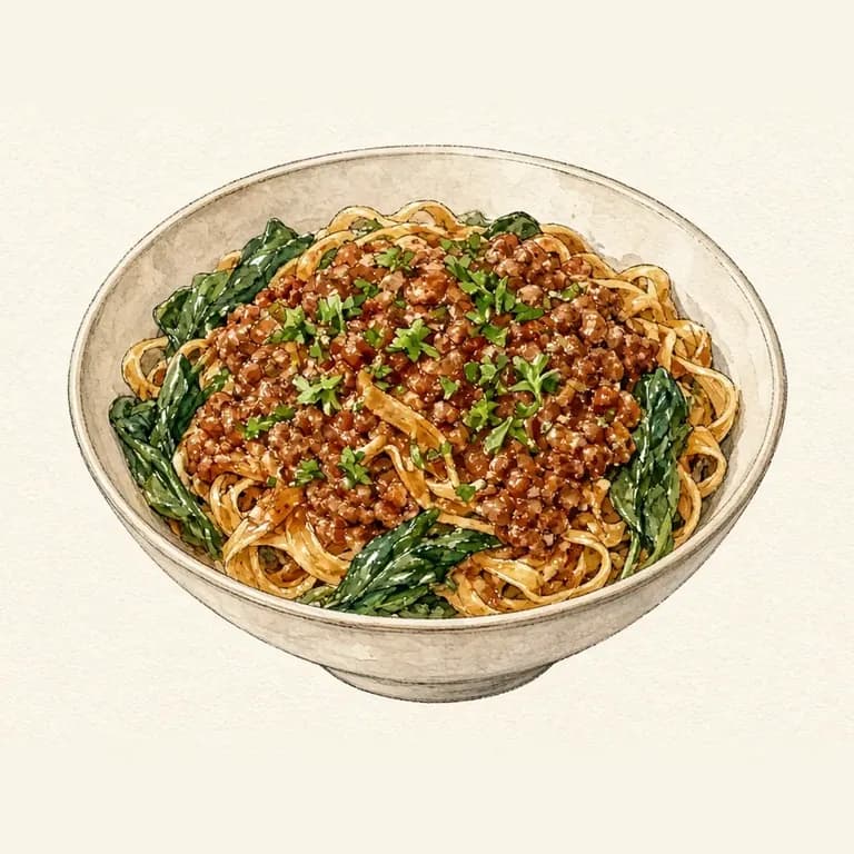 Garlic-spinach meat sauce pasta