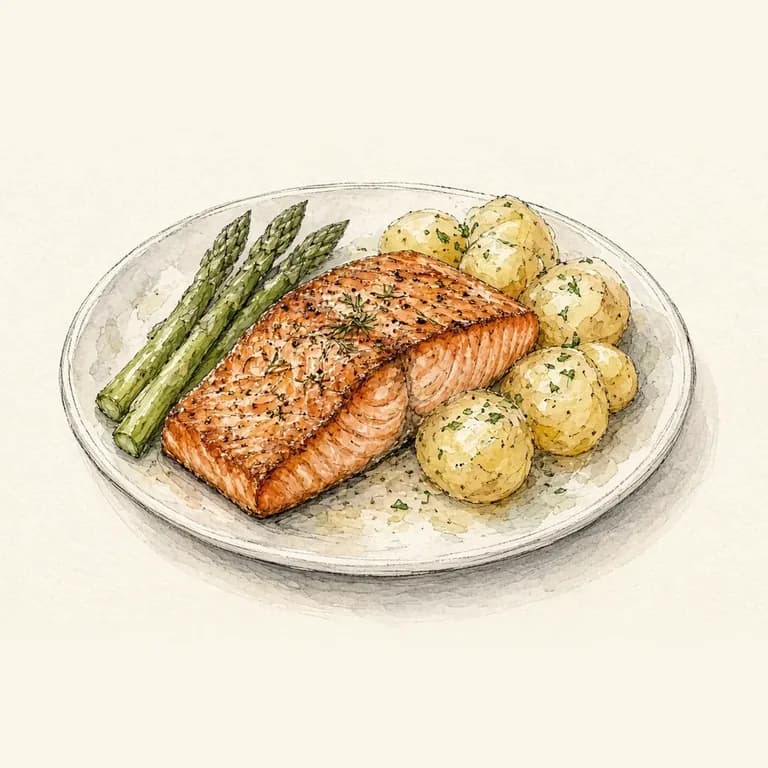 Baked salmon, potatoes, and asparagus