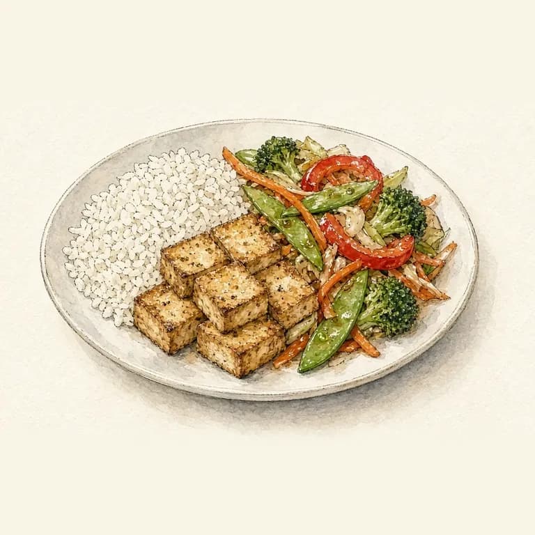 Baked tofu, rice, and stir-fry vegetables