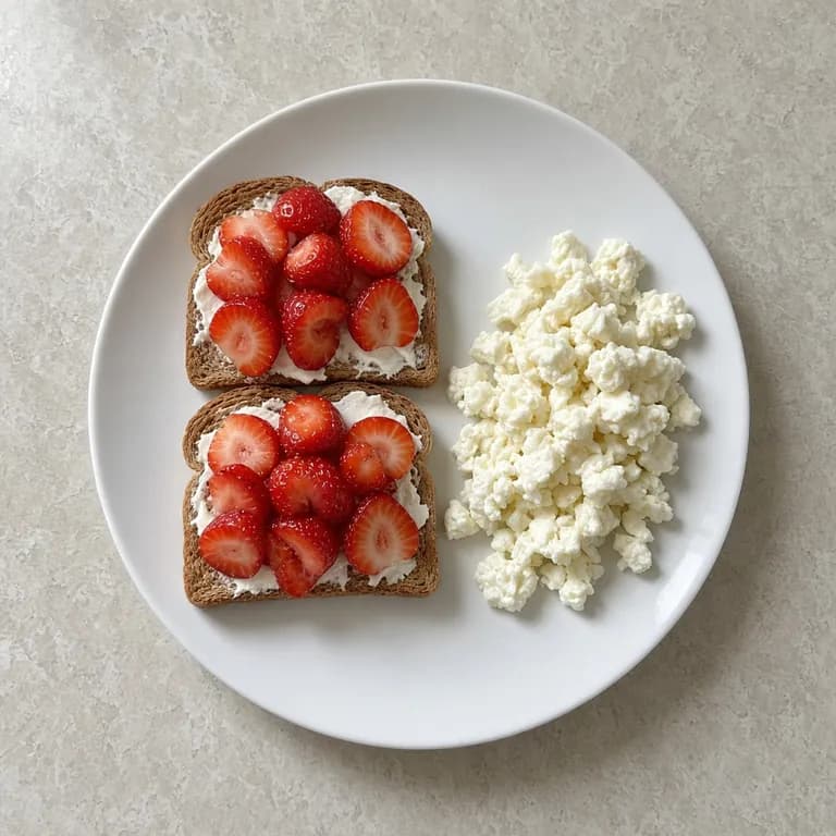 Two slices of toast spread with cream cheese and topped with sliced strawberries, with a folded egg-white omelette on the side.