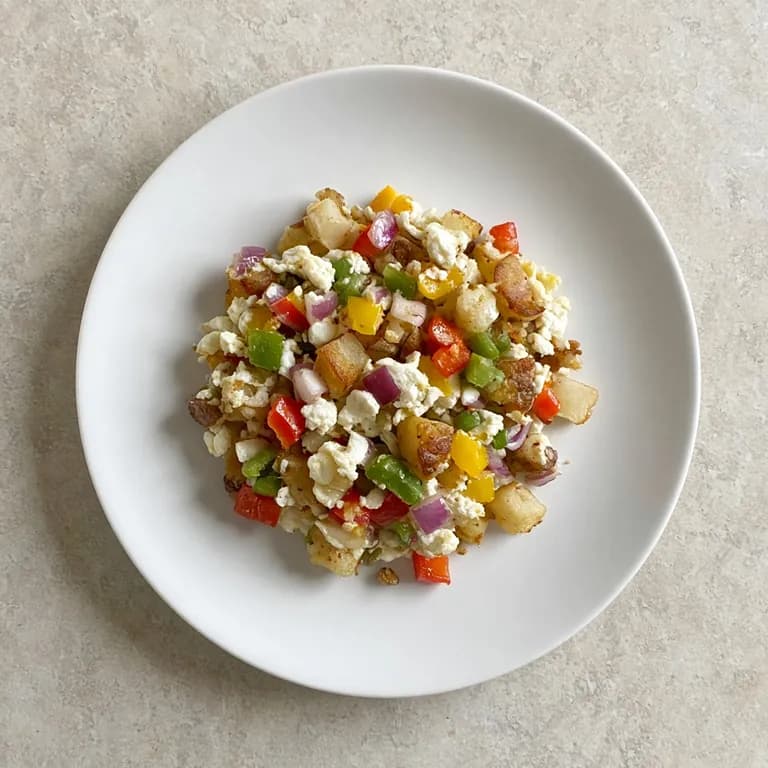 Folded egg-white omelet resting on crispy diced potato hash with red and green bell pepper and onion, on a white plate.