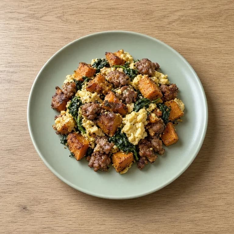 Roasted sweet potato cubes with crumbled sausage and wilted spinach, topped with a sunny-side-up egg, on a white plate.