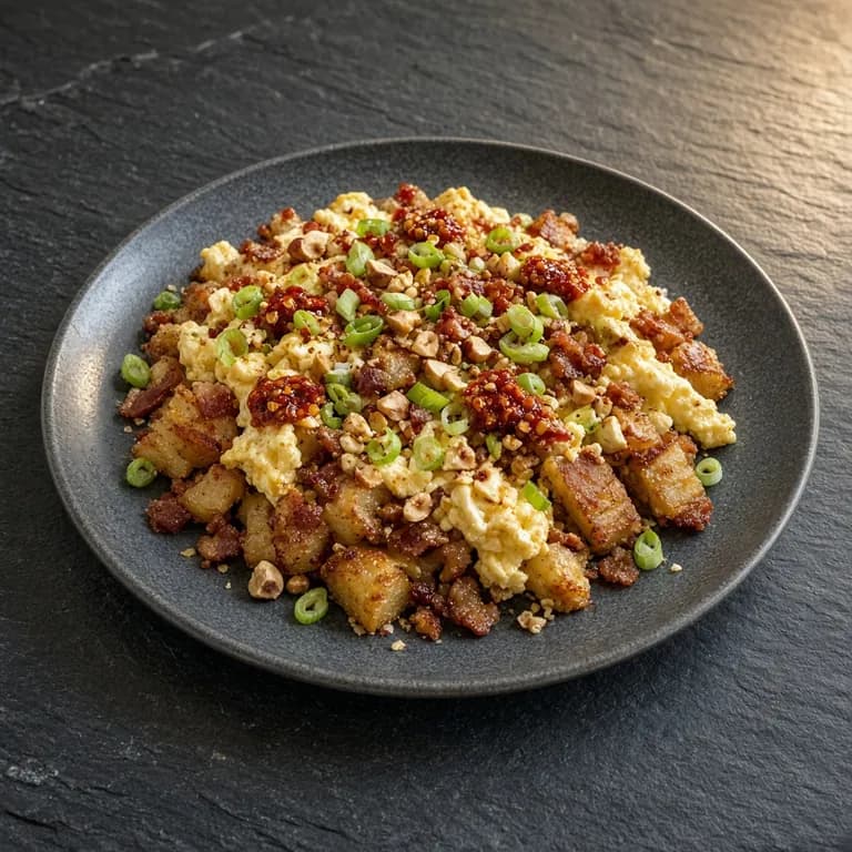 Crispy potato hash with bacon pieces, two sunny-side-up eggs, sliced scallions and hazelnut chili crunch on a white plate.