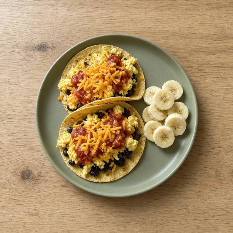 Three corn tortilla tacos with scrambled eggs, black beans, cheddar and salsa on a white plate, with banana on the side.