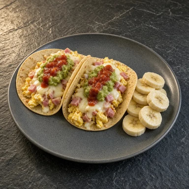 Three corn tortilla tacos with ham, scrambled eggs, mozzarella, guacamole and salsa on a white plate, with sliced banana on the side.