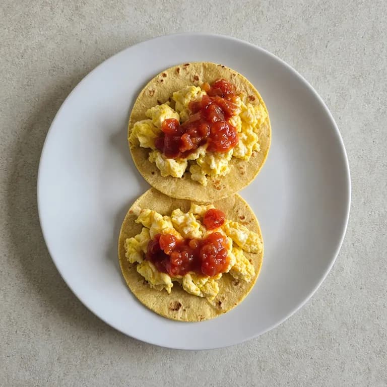 Three folded soft corn tortillas, each holding a thin folded egg-white omelet topped with tomato salsa, on a white plate.