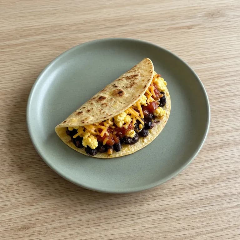 Three corn tortilla tacos filled with scrambled eggs and black beans, topped with shredded cheddar and tomato salsa, on a white plate.