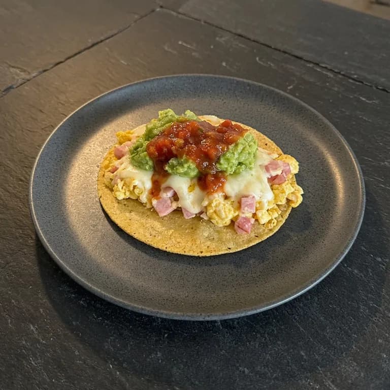 Three corn tortilla tacos with scrambled eggs, folded deli ham, melted mozzarella and guacamole on a white plate.