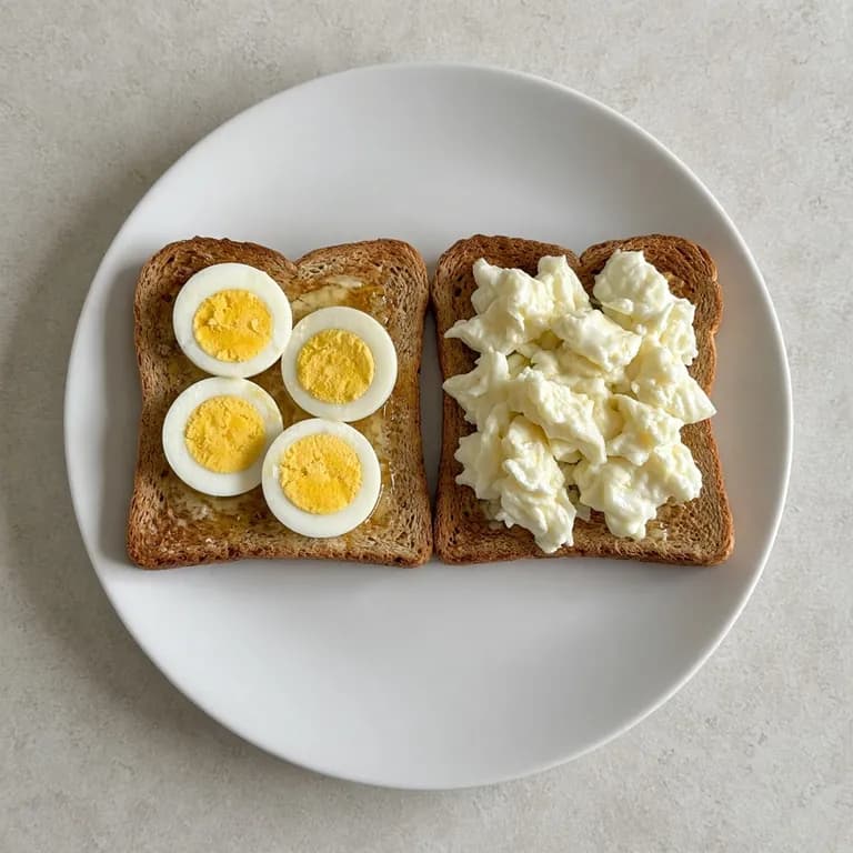 Two slices of whole wheat toast with butter and honey, topped with sliced hard-boiled egg and scrambled egg whites.