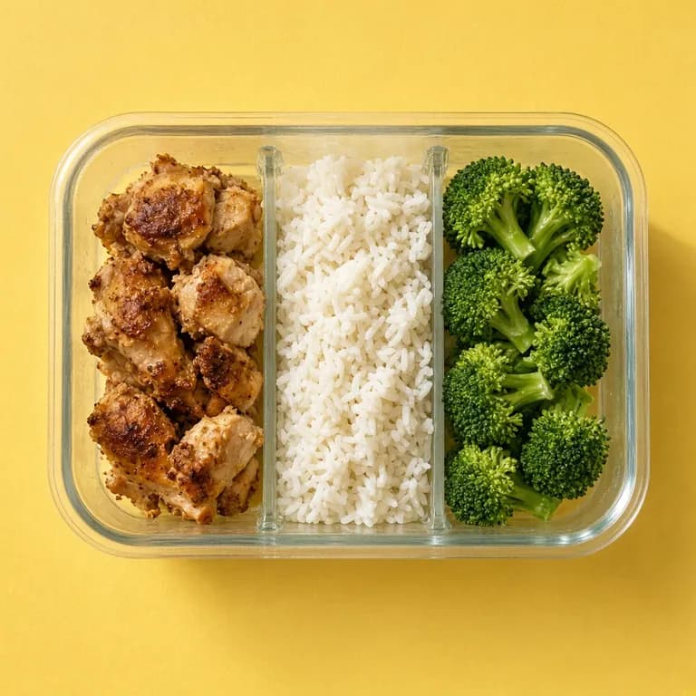 Baked chicken, rice, and broccoli