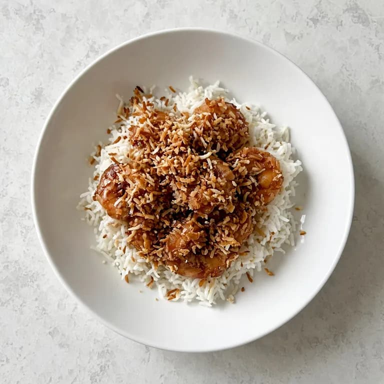 White bowl of white rice topped with sautéed shrimp, toasted coconut, and lime.