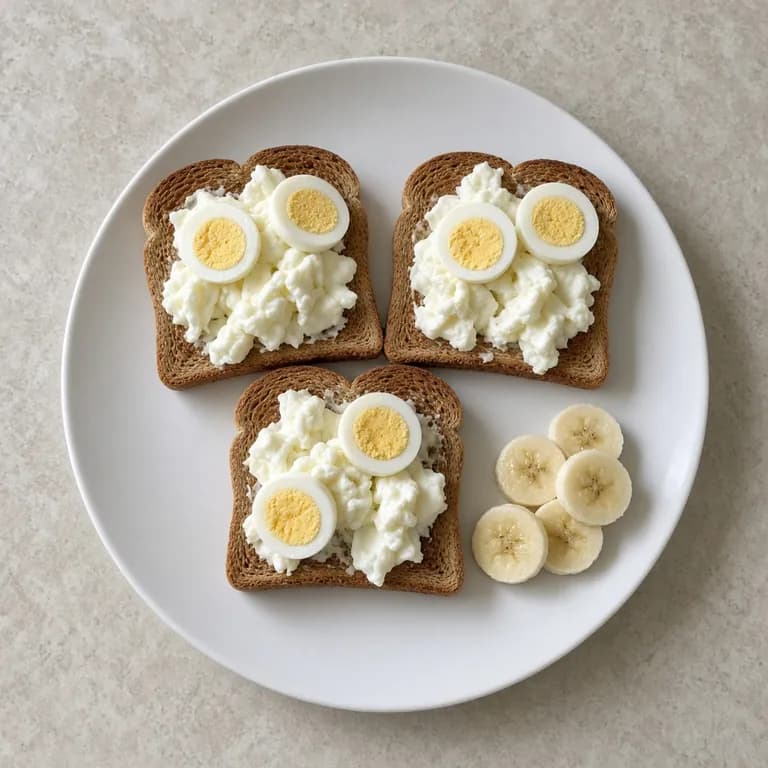 Two slices of whole wheat toast topped with sliced hard-boiled eggs and scrambled egg whites, with a sliced banana on the side, on a white plate.
