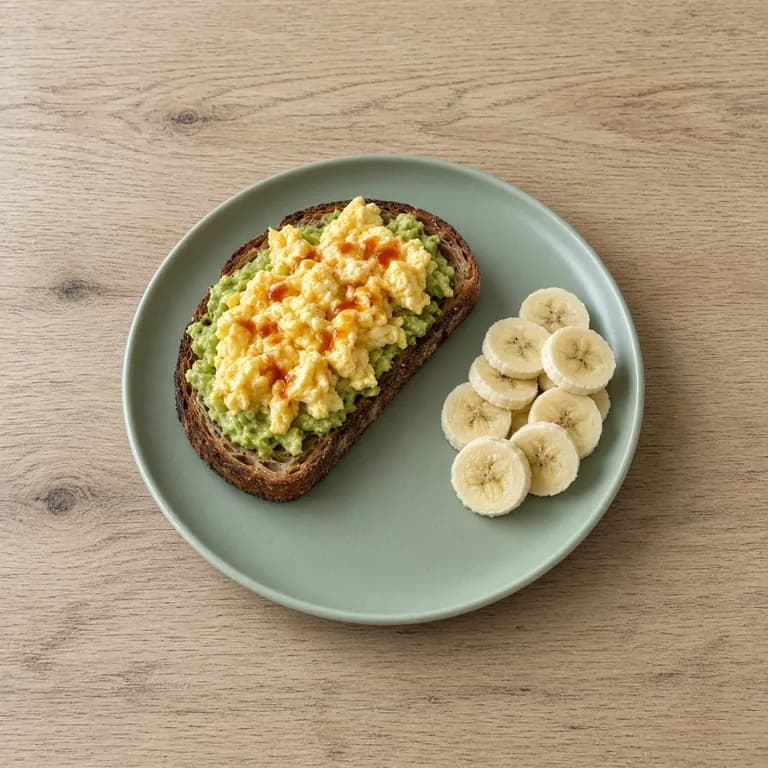 Sourdough avocado toast with scrambled eggs and hot sauce on a white plate, with sliced banana on the side.