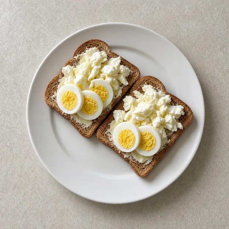 Two slices of whole wheat toast topped with sliced hard-boiled eggs, beside a mound of scrambled egg whites on a white plate.