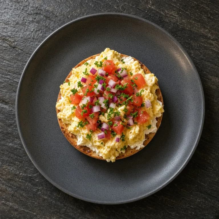 Two toasted bagel halves spread with cream cheese and topped with scrambled eggs, tomato slices, red onion rings and fresh herbs, on a white plate.