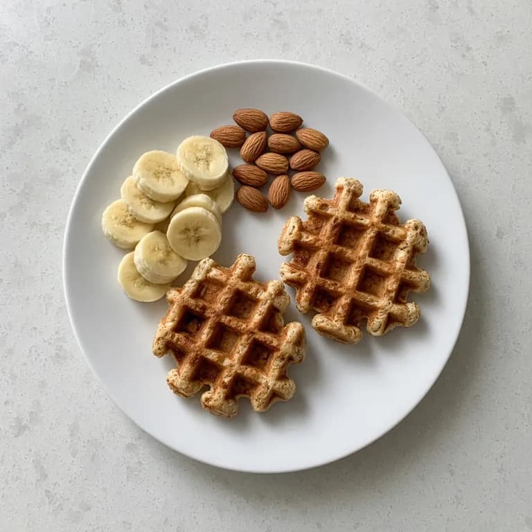 Stack of golden protein waffles on a white plate with sliced banana on the side.