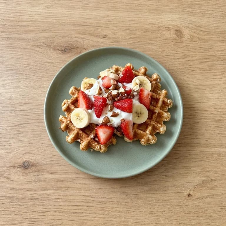 Stack of golden protein waffles on a plate topped with Greek yogurt, strawberries and banana slices.