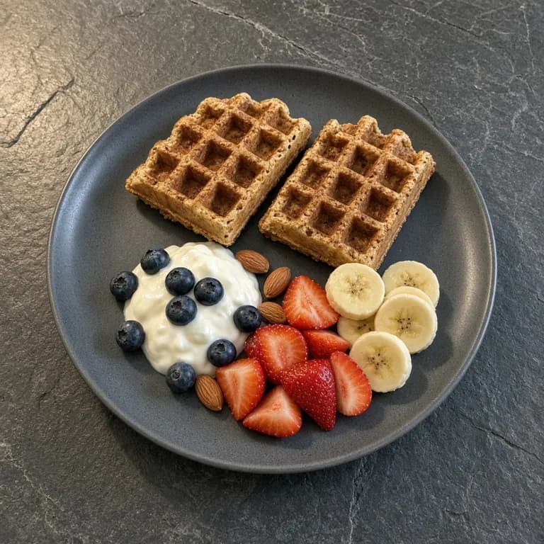 Stack of protein waffles on a plate with Greek yogurt, mixed berries and banana slices.