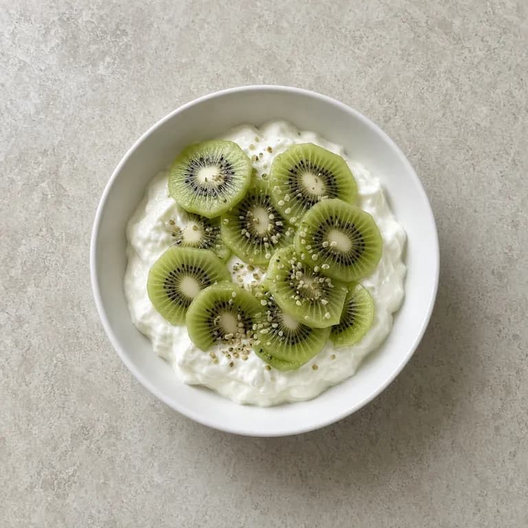 White bowl of skyr topped with sliced kiwi and hemp seeds.