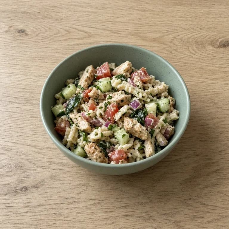 Tomato-herb lemon chicken pasta salad