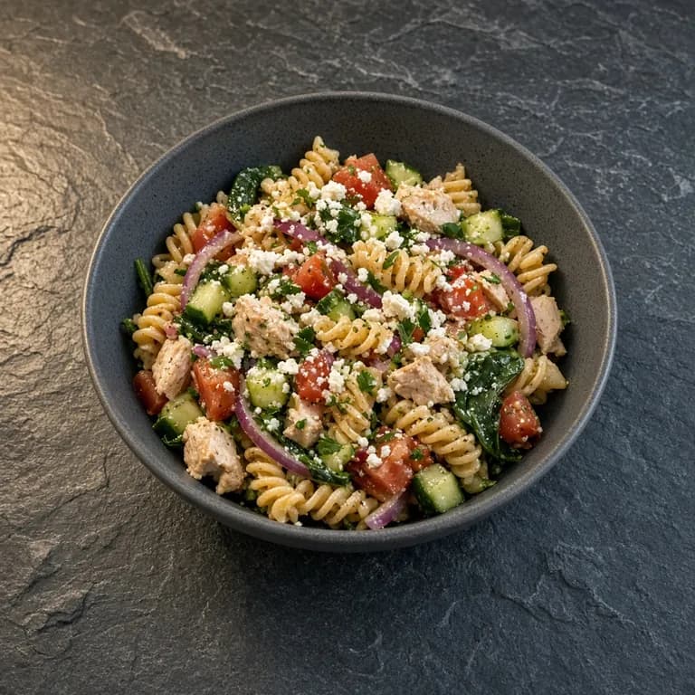 Feta lemon chicken pasta salad