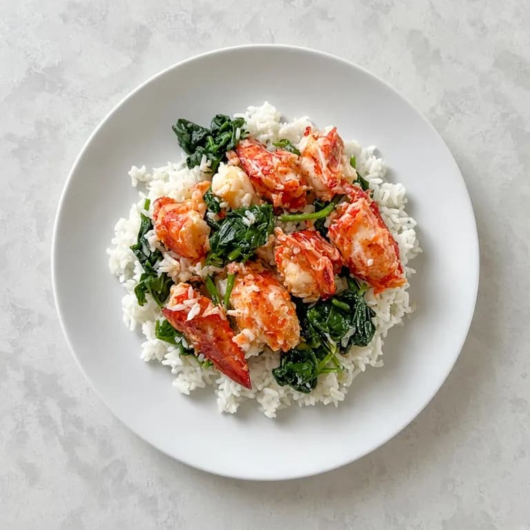 White plate of lobster tail pieces in lemon butter over white rice with wilted spinach.
