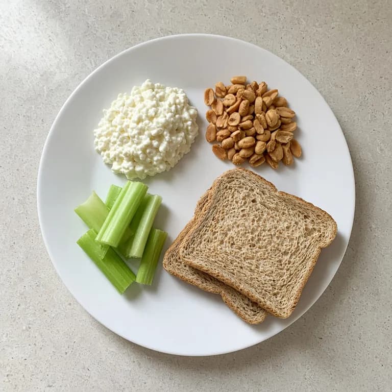White plate with cottage cheese, dry-roasted peanuts, celery sticks, and two slices of whole wheat bread.