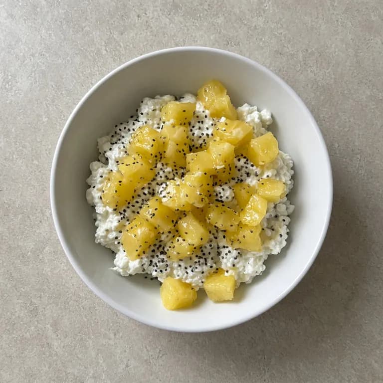 White bowl of cottage cheese with chia stirred in, topped with pineapple chunks.