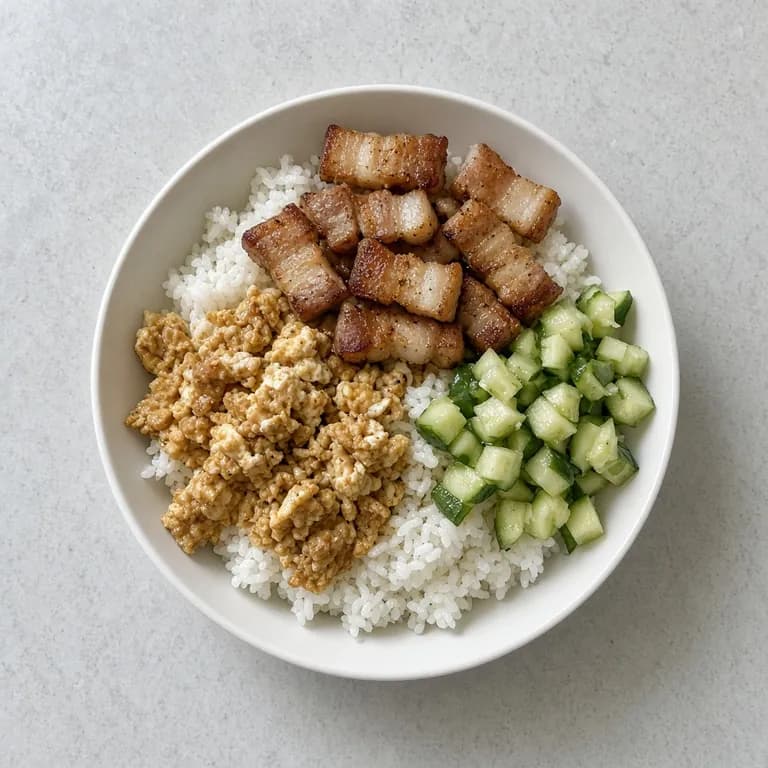 White bowl of rice topped with seared pork belly, scrambled egg whites, and diced cucumber.