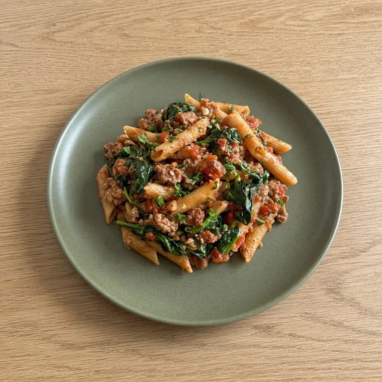 Garlic-spinach meat sauce pasta