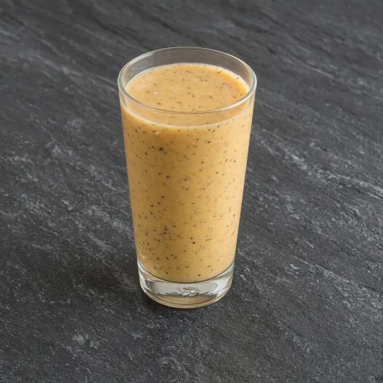 Glass of bright yellow mango pineapple protein smoothie sprinkled with chia seeds, next to a small dish of mango and pineapple chunks.