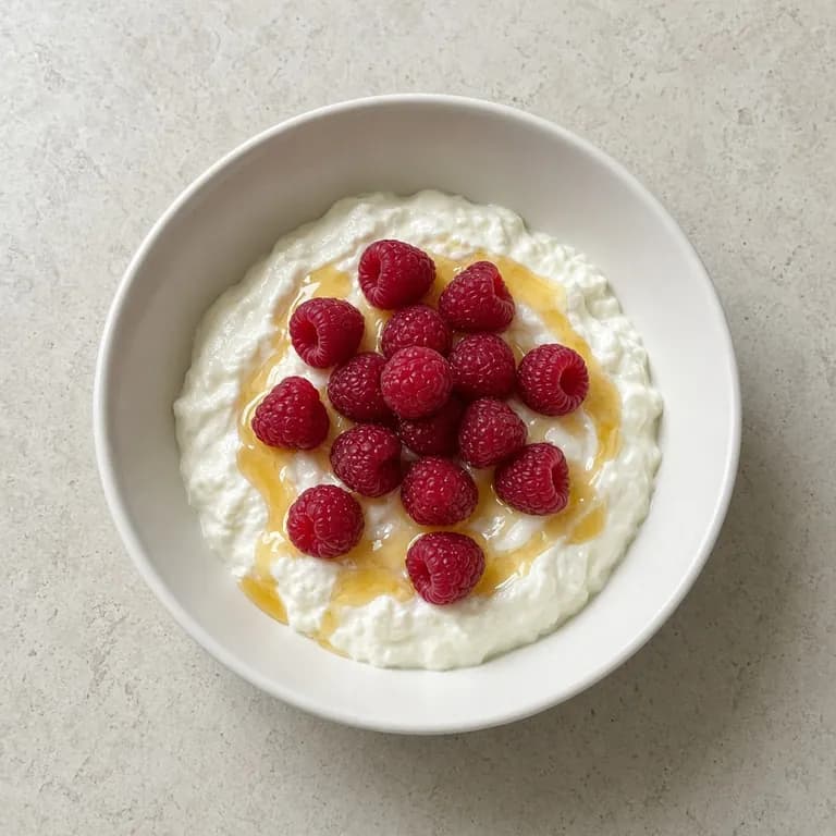 White bowl of thick skyr topped with fresh raspberries and a drizzle of honey.