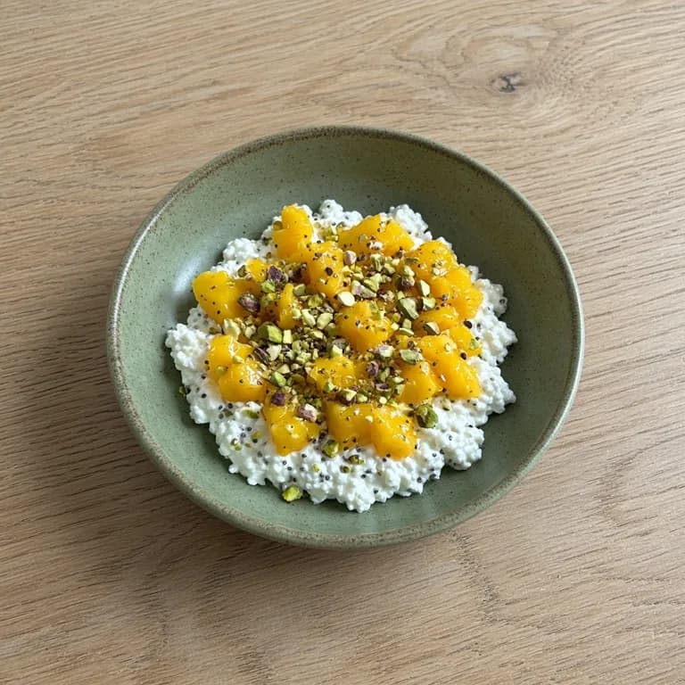 White bowl of cottage cheese topped with diced mango, chia seeds and chopped pistachios.