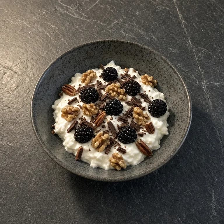 White bowl of whole-milk Greek yogurt topped with blackberries, walnuts, pecans and dark chocolate shavings.