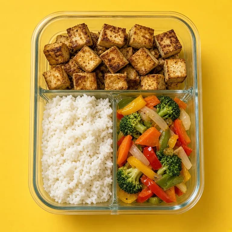 Baked tofu, rice, and stir-fry vegetables