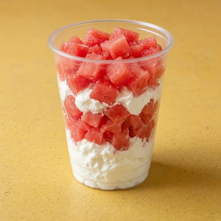 Clear cup layered with diced watermelon and thick nonfat Greek yogurt.