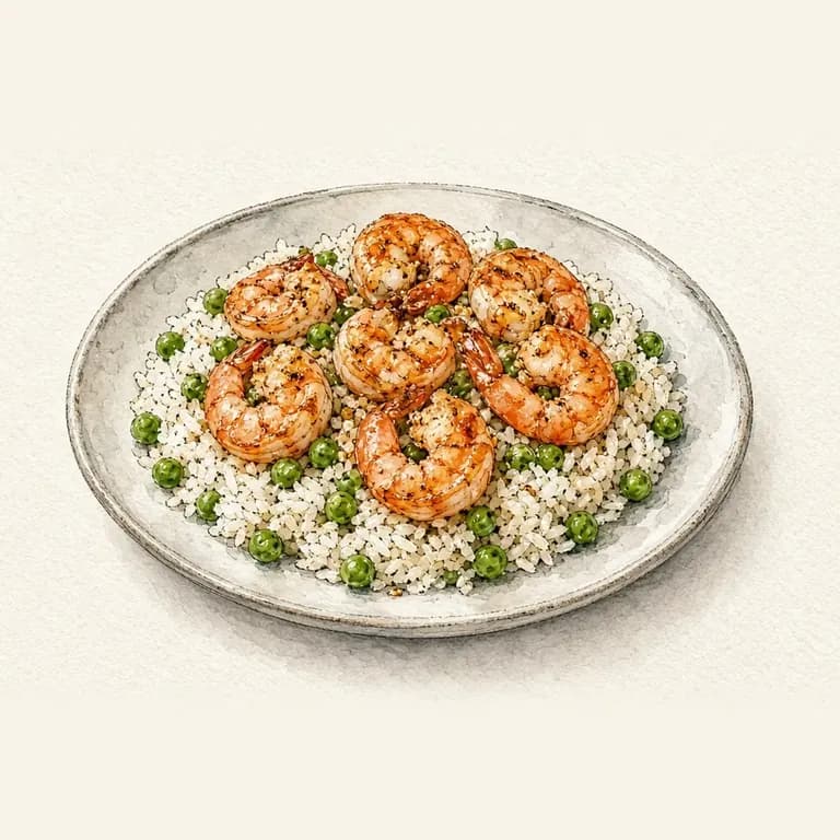 Sautéed shrimp, rice, and peas